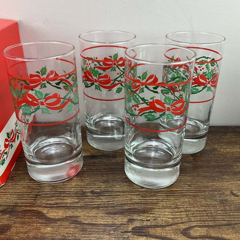 Vintage Durobor Belgium Christmas Holly Berry Highball Glasses Set of 4 w Box